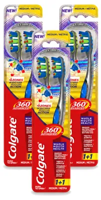 Immagine prodotto di 3 spazzolini da denti Colgate 360° Advanced - setole medie - confezione vantaggiosa - 3 pezzi