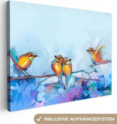 Produktbild von MuchoWow® - Leinwandbilder - Gemälde - Ölfarbe - Vogel - Zweig, Wandbild, Wanddeko Bilder Wohnzimmer, 40x30 cm