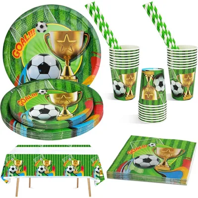 Immagine prodotto di Set di stoviglie per festa a tema calcio, 101 pezzi, per 20 persone: piatti di carta, bicchieri, cannucce, tovaglia, ideale per feste di compleanno per bambini