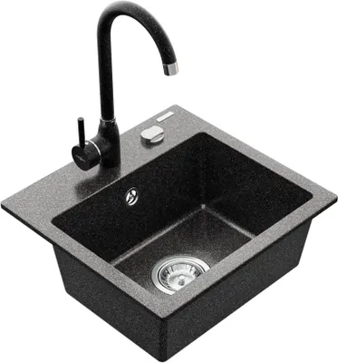 Produktbild von Mexen Milo 1-Becken-Granit-Spüle mit Mischbatterie Telma, Schwarz gesprenkelt - 6505-76-670200-76