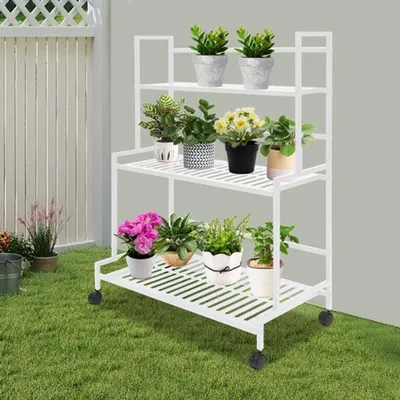 Image de Support pour plantes - Étagère métallique moderne à 3 niveaux - 95 x 41 x 14 cm - Noir - Pour balcon et jardin