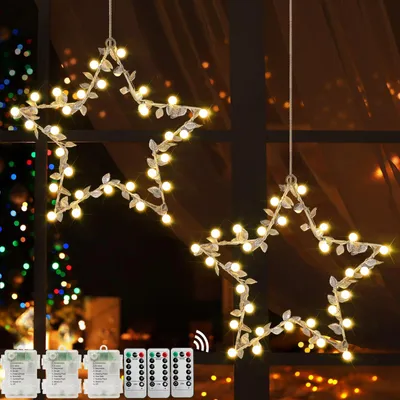 Produktbild von LED Weihnachtsstern Fensterdeko 2 Stück batteriebetrieben mit Timer, warmweiß