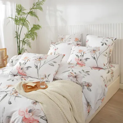Immagine prodotto di Set di lenzuola matrimoniali 200x220 cm, motivo floreale, rosa, grigio, bianco, microfibra, 3 pezzi, con cerniera