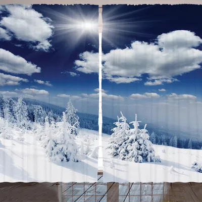 Produktbild von ARANDE Winter Gardine, Winter-Landschaft auf Hügeln mit Snowy-Bäumen und flaumigem Wolken-idyllischem Saisonbild, 280 x 175 cm, Blau Weiss