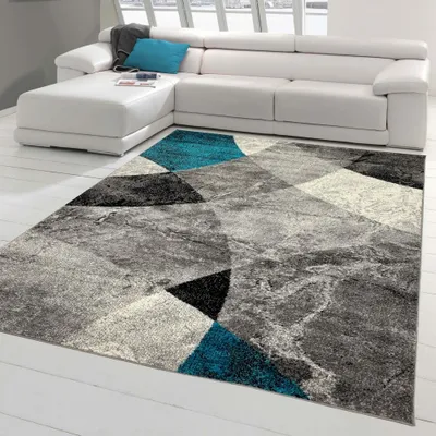Produktbild von Moderner Wohnzimmer Teppich abstraktes Wellen Rauten Design marmoriert in blau grau - pflegeleicht Größe - 140 x 200 cm