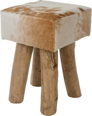Produktbild von Casa Padrino Landhausstil Fellhocker Braun / Weiß / Naturfarben 30 x 30 x H. 45 cm - Sitzhocker mit Massivholz Beinen