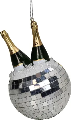Imagen del producto de Adornos para el árbol de Navidad, vidrio, 11 cm, bola de discoteca, figura de botella de champán, color plateado