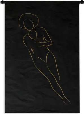 Produktbild von MuchoWow® Wandteppich Wandbehang Frau - Gold - Strichzeichnung 90x135 cm Tapisserie Dekoration Wandtuch - Baumwolle - Wandskulptur