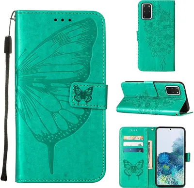 Produktbild von Galaxy S20 Plus Hülle, Schmetterling Prägung Flip Leder Kartenfächer Schutzhülle Ledertasche mit Ständer für Samsung Galaxy S20 Plus Grün
