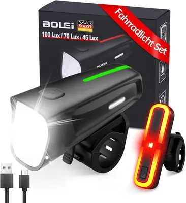 Obrázek produktu pro Sada LED světel na kolo, 100 LUX | schválené cyklistické světlo | cyklistické světlo nabíjené přes USB | vodotěsné cyklistické světlo (IPX5)