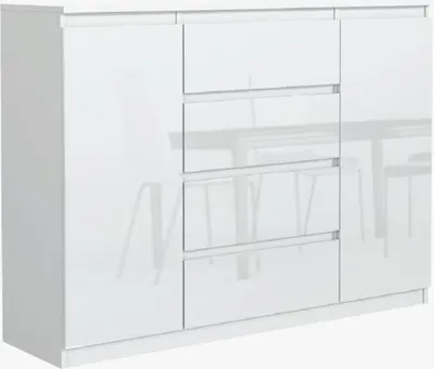 A white high-gloss dresser with multiple drawers.