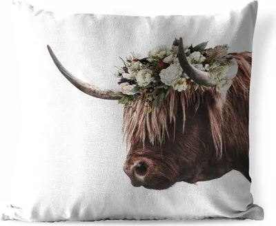 Produktbild von MuchoWow® Outdoor Kissen - Schottisches Hochlandrind - Blätter - Hörner - 40x40 cm - Wetterfest - Lounge Kissen - Kopfkissen - Interieur - Polster mit Bild