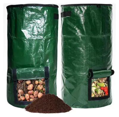 Produktbild von Standkomposter, 2 Stück Schnellkomposter mit Deckel, wiederverwendbarer Kompostsack, faltbarer Gartenkomposter, Kunststoffbehälter für Garten, Terrasse und Balkon (34 Gallon)