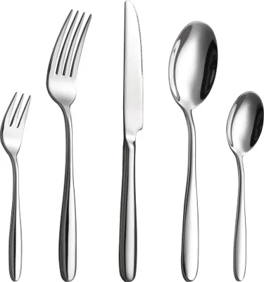 A collection of stainless steel cutlery arranged on a white background.
