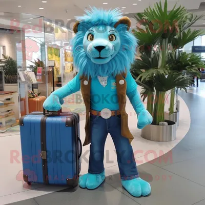 Produktbild von Türkisfarbener REDBROKOLY Maskottchen Kostüm charakter Löwe-Bändiger bekleidet mit Jeans und Aktentaschen