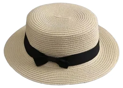 Produktbild von Strandstrohhut mit flacher Oberseite, breiter Krempe, Sonnenschutzhut mit schwarzer Schleife, handgewebt, atmungsaktiv, Sommerhut