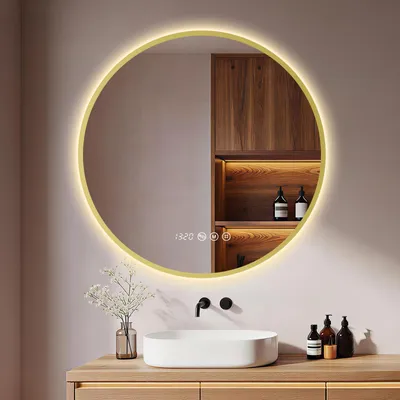 Immagine prodotto di S'AFIELINA Specchio Bagno LED Rotondo 80 cm, Cornice Dorata,3 colori di luce, luminosità regolabile, antiappannamento, orologio e temperatura