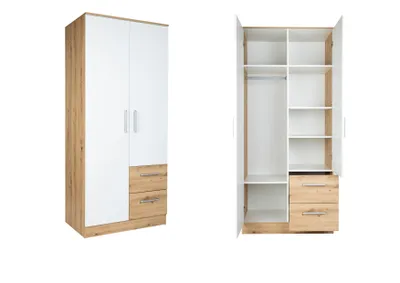Produktbild von Kleiderschrank 2 Türen 2 Schubladen Mehrzweckschrank Garderobenschrank Weiß Holz