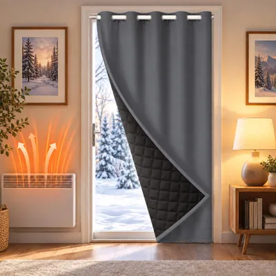 Immagine prodotto di Tenda termica grigio scuro, 132x203 cm, per porte, con protezione dal freddo, 405 GSM, impermeabile, oscurante, con passanti colorati, cordoncino per la regolazione, tenda per porte