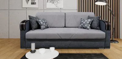 Immagine prodotto di Divano tre posti, imbottito in tessuto grigio, struttura in legno, divano letto