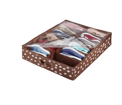 A shoe organizer with clear compartments, filled with various shoes.