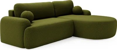 Obrázek produktu pro BETTSO Elegantní zelený roh CLOUDY vpravo v látce z jehněčí kůže se zaoblenými boky a ozdobnými kulovitými polštáři