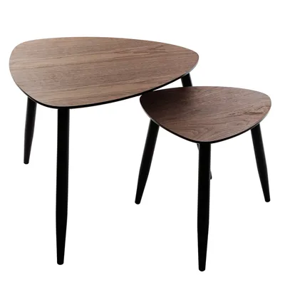 Two nesting coffee tables with triangular tops and black legs, set against a white background.