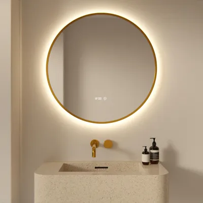 Image de Miroir de salle de bain rond Mirlux LED, diamètre 80 cm, avec cadre doré, variateur d'intensité et fonction anti-buée