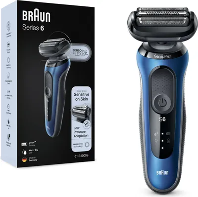 Produktbild von Braun Series 6 61-B1000s, Folienschaber, SensoFlex, SensoFoil, Tasten, Schwarz, Blau, LED, Akku