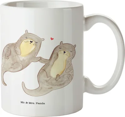 Produktbild von Mr. & Mrs. Panda Bürotasse Otter Hände halten - Weiß - Geschenk, Paar, glücklich, Tasse, Teebecher, Becher, Liebe, Seeotter, Kaffeetasse, milchkaffeetasse, Verliebt