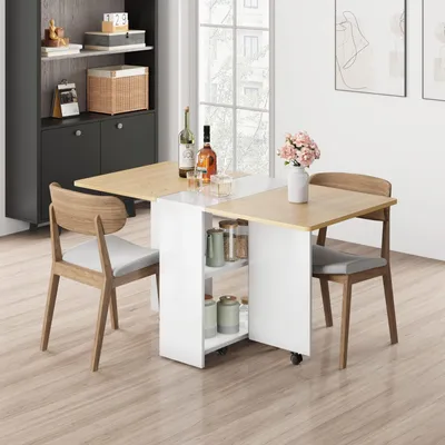 Productafbeelding van Uitklapbare eettafel voor 4 personen, uitschuifbaar, met 2 opbergvakken, 6 wielen, wit