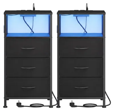 Immagine prodotto di Set di 2 comodini con illuminazione LED, base di ricarica, 3 cassetti e vano aperto | Colore: nero | Dimensioni: 39,6 x 30 x 75,9 cm