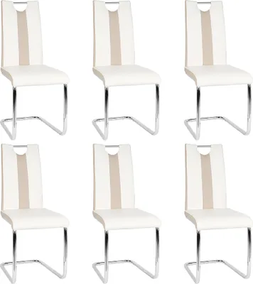 Produktbild von 6er-set Esszimmerstühle Freischwinger Schwingstuhl Küchenstuhl aus Metall & Kunstleder,Hochlehner Sitzgruppe für Esszimmer&Küche Weiß+Beige