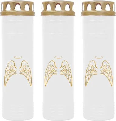 Produktbild von Grabkerze Weiß 3er Pack ( Druck Gold ), 170 Stunden/Kerze, Motiv: Engelsflügel