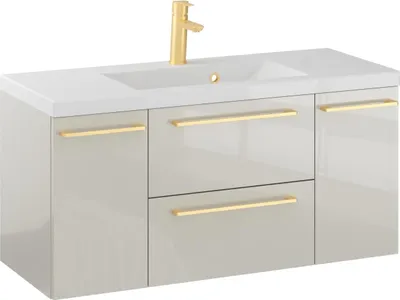 Produktbild von FURNI Waschtischunterschrank RON 100 D cm - Kaschmir - Hängender Badschrank mit Mineralguss - Waschbecken - Griffe Gold gebürstet - Vormontiert