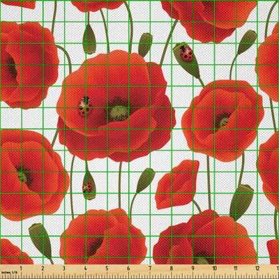 Produktbild von ABAKUHAUS Mohn Satin Stoff als Meterware, Frühling Blume Mit Fliegend Marienkäfern Tier Und Pflanzen Flora Und Fauna Natur, 10 M (148 x 1000 cm), Orange Grün Weiß