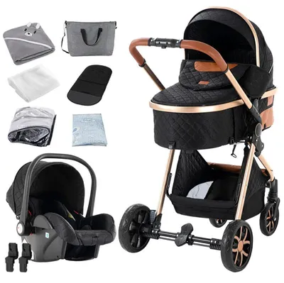 Produktbild von 3-in-1-Kinderwagen - Kombikinderwagen mit Babyschale - Hohe Sitzposition - Einhand-Faltung - Wendeeinheit - Belastbar bis 20 kg - Schwarz