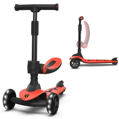 Produktbild von Lamborghini Kinder Roller Scooter ab 3 Jahren bis 50 kg - Tretroller mit Sitz und 2 Lenkmodi, Leichter Aluminiumrahmen, Leuchträdern, Hinterbremse