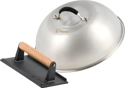 Zdjęcie produktu dla Dzwonek grzewczy BBQ-Toro ze stali nierdzewnej z żeliwnymi obciążnikami do mięsa | dzwonek do burgerów