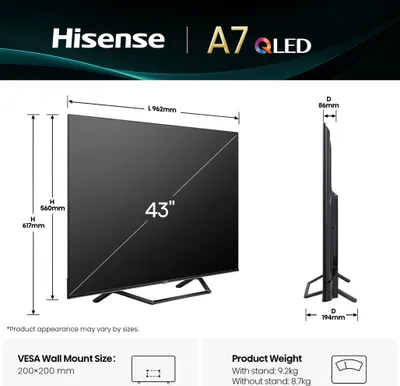 Zdjęcie produktu dla Hisense QLED Smart TV 43A7Q?R, 109,2 cm (43"), 3840 x 2160 pikseli, QLED, Smart TV, WLAN, czarny