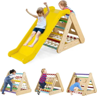 A collage of images showing children playing on a wooden climbing structure with a slide, ladder, and net.