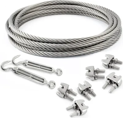 Produktbild von DRAHTSEIL EDELSTAHL + 6 SEILKLEMMEN + 2 SPANNSCHLOSS HAKEN-OSE 3mm 5 Meter 7x7 Edelstahlseil Seil Stahlseil