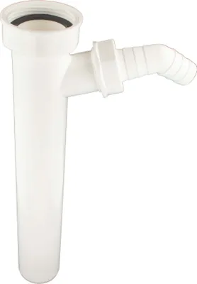 A white plastic sink trap with a hose connection, isolated on a white background.