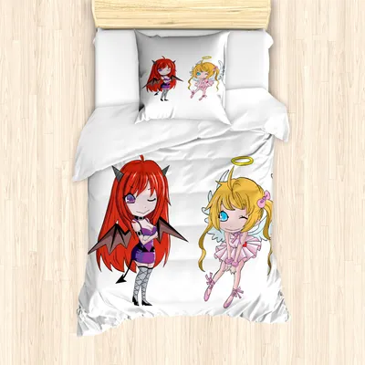 Produktbild von ABAKUHAUS Anime Mantele, Japanische Märchen-Kunst, Milbensicher Allergiker geeignet mit Kissenbezügen, 135 cm x 200 cm - 80 x 80 cm, Weiß