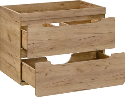 A wooden bathroom cabinet with two drawers, one of which is partially open.