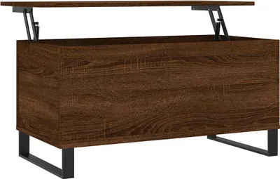 A brown wooden coffee table with a lift-top mechanism and black metal legs, shown from a side angle.