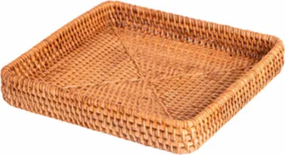 Produktbild von Rattan-Korb-Tablett, quadratisches Rattan-Serviertablett, handgeflochtener Aufbewahrungskorb für Badezimmerablage, Couchtisch, Schminktisch