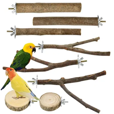 Image de 8 perches naturelles pour oiseaux, idéales pour les perruches, en bois naturel avec des plateformes