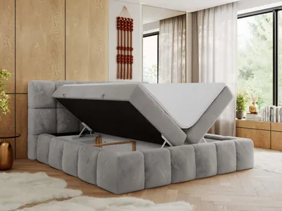 Produktbild von MKS MEBLE Boxspringbett, Doppelbett NIRA mit dekorativem Kopfteil, Multipocket-Matratze und Topper, Polsterbett mit Bettkästen - 160 x 200 cm - H3 - Hellgrau Plüsch