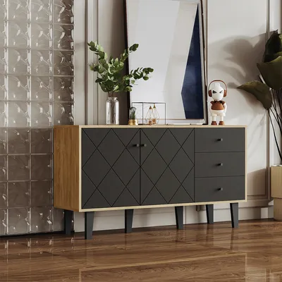 Produktbild von Sideboard mit Zwei Türen und Drei Schubladen mit Einem Verstellbaren Regal Schrank für Esszimmer Wohnzimmer Schwarz